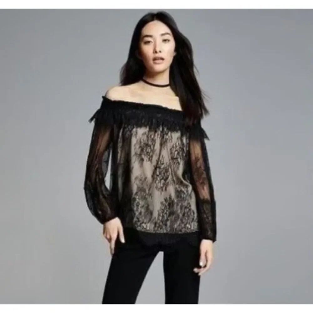 Kobi Halperin Womens Top XS Black Floral Lace Off The Shoulder Reese Blouse NWT